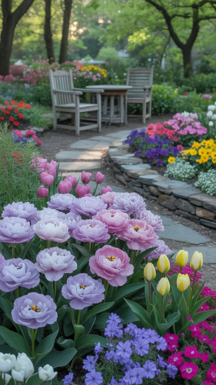 Sunlit Spring Garden Along a Winding Stone Path