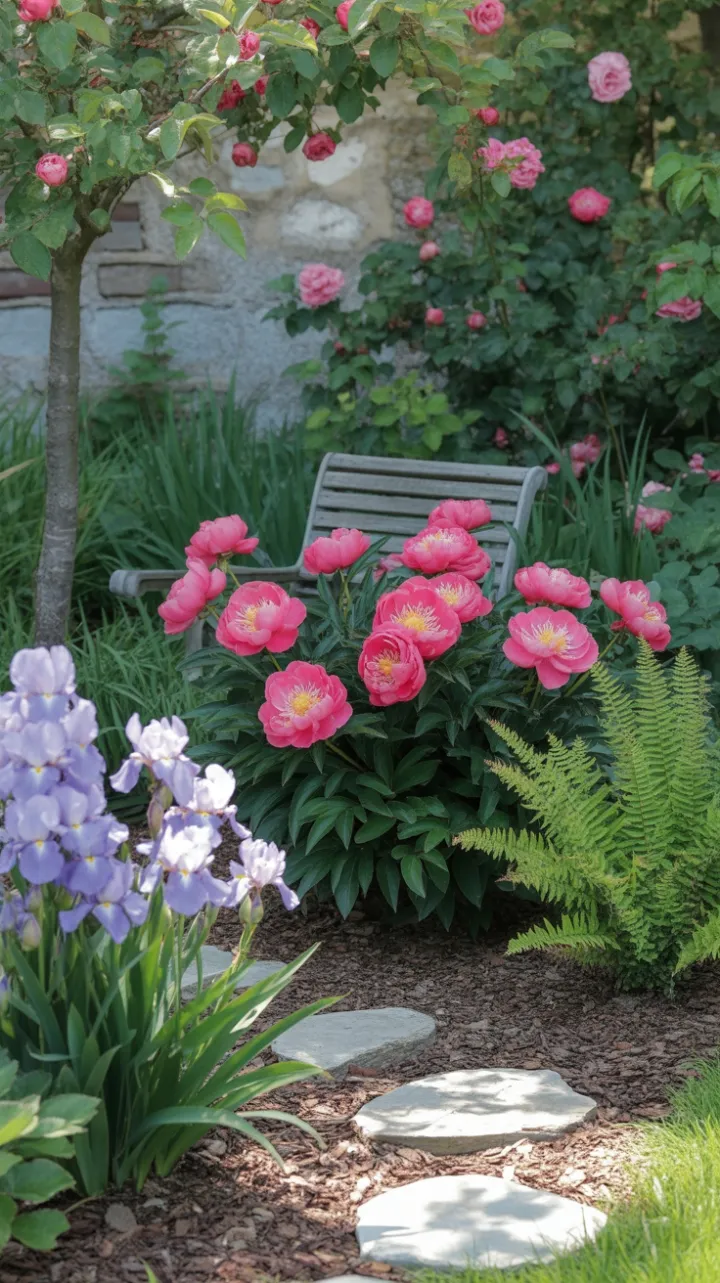 Sunlit Garden Path to a Secret Bench Among Peonies and Irises