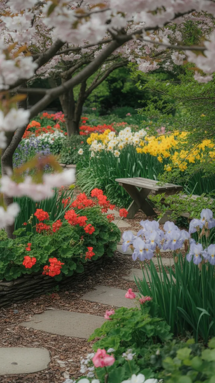 Dappled Sunlight on the Garden Path to a Blossom‑Shaded Bench