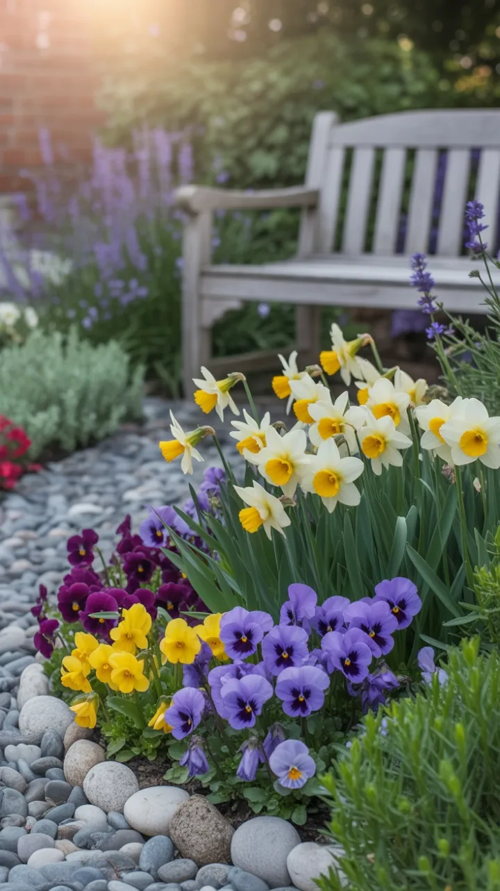 Sunlit Spring Haven of Pansies, Daffodils and Lavender