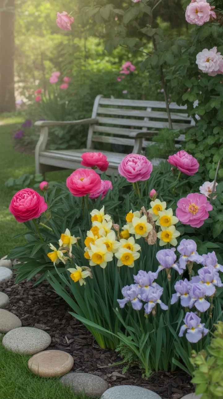 Dappled Sunlight and Blossoming Bench in a Spring Garden