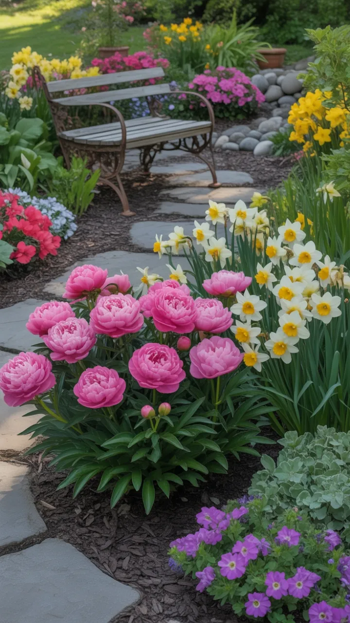 Peony and Daffodil Pathway to a Sunlit Garden Retreat
