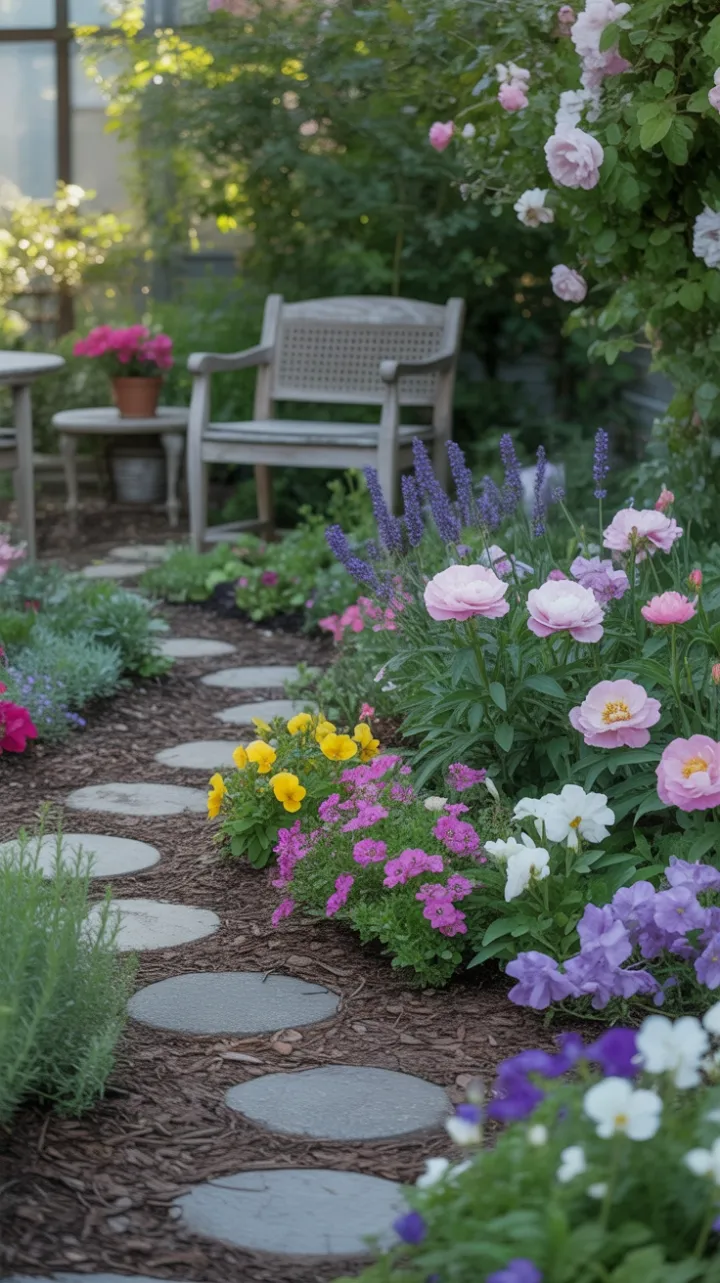 Winding Path Through a Sunlit Tapestry of Lavender, Peonies, and Climbing Roses