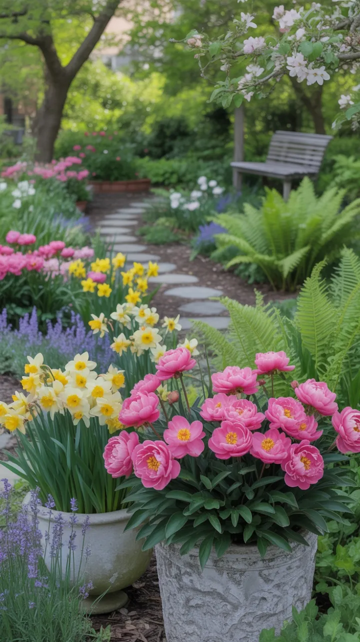 Sunlit Path Through a Blooming Garden of Peonies and Daffodils