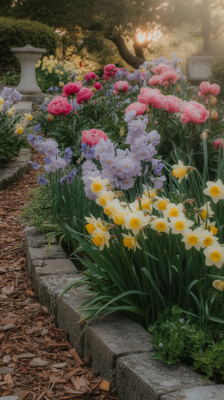 Golden Hour Garden of Peonies, Sweet Peas and Daffodils