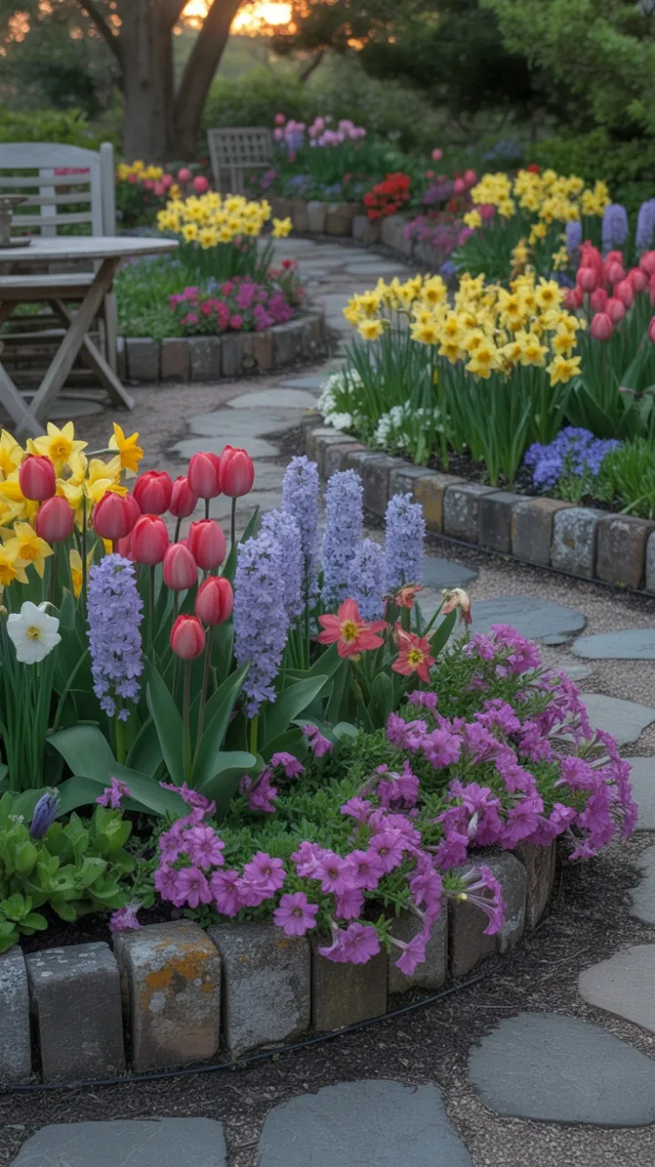Sunlit Stone Path Through a Tapestry of Tulips and Hyacinths