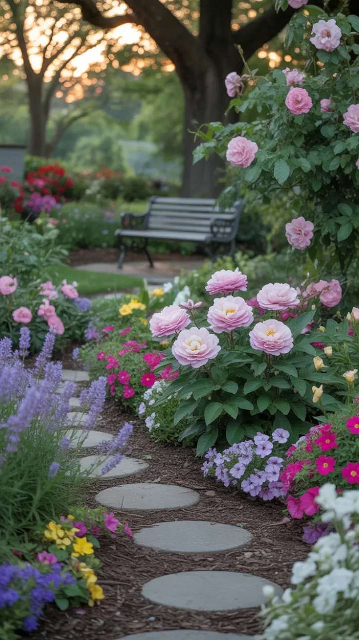 Winding Stone Path to a Rose-Draped Bench in a Sunlit Spring Garden