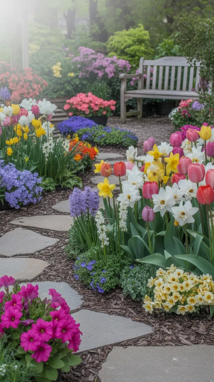 Sunlit Winding Path Through a Blooming Spring Garden