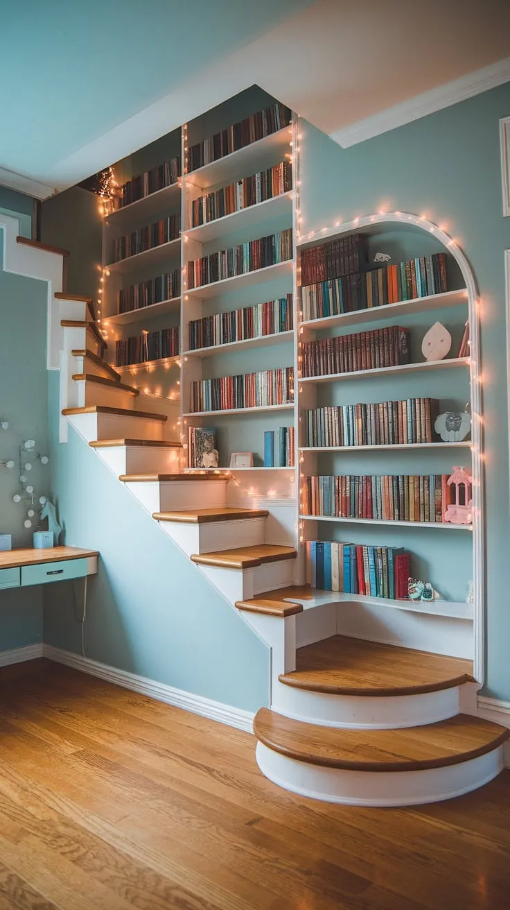 Lost in the pages of a dream: this staircase library is the heart of my dream room inspiration, a cute room brimming with dream house decor.  The soft light and pretty places within make it the perfect aesthetic room for escaping reality.