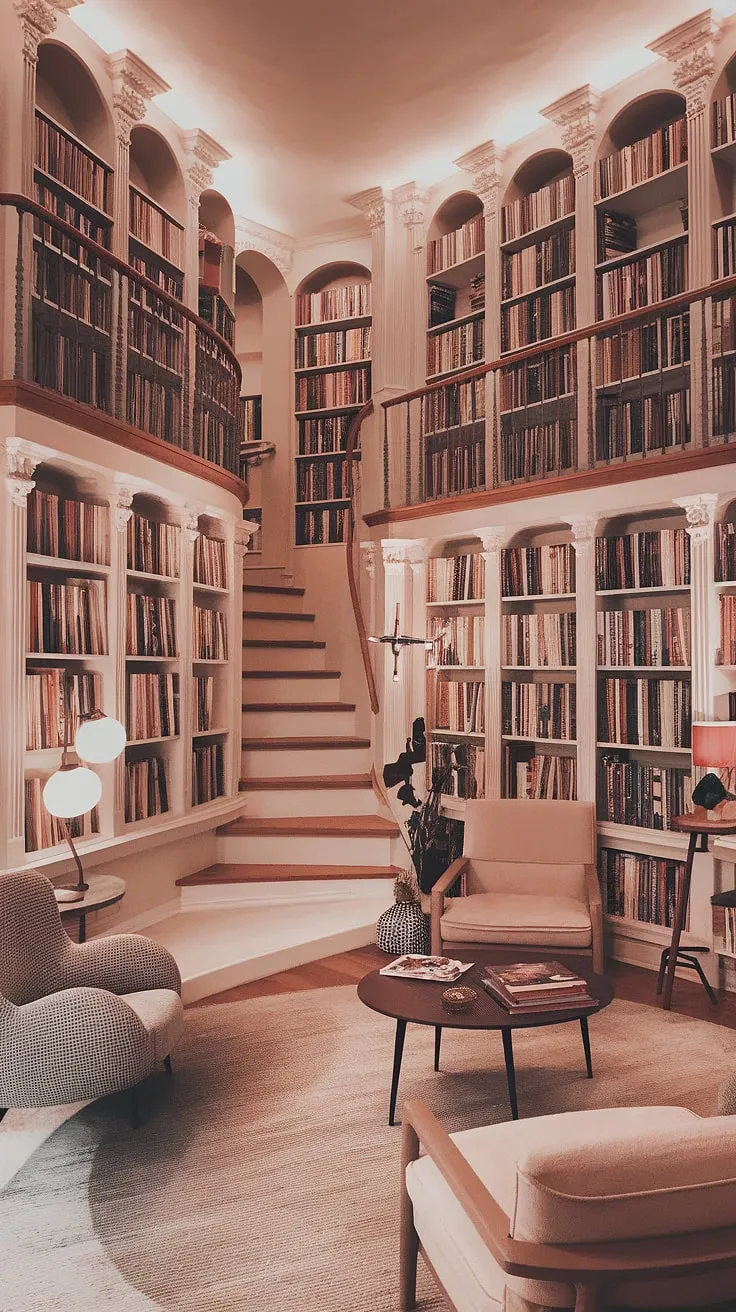 This aesthetic room is dream room inspiration redefined. A cute room and pretty place all in one, this staircase library is the epitome of dream house decor.  Imagine curling up with a good book in this inviting space – the perfect blend of vintage and modern for your dream home design.