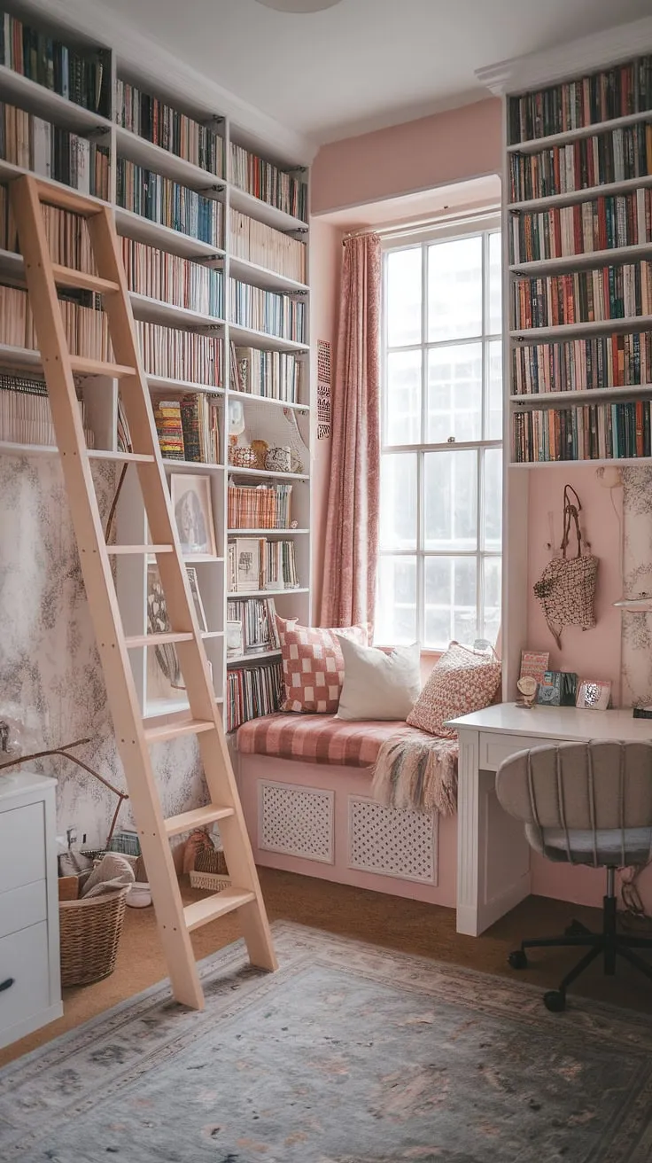 Escape to this dream room inspiration, a haven of cozy comfort and literary charm.  The staircase library, a whimsical dream house decor element, leads to countless adventures within this aesthetic room.  A perfect reading nook by the window completes this cute room, a truly pretty place to lose yourself in a good book.