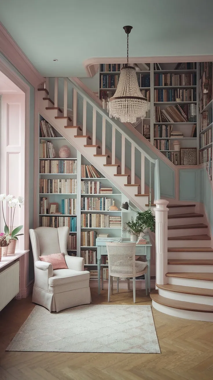 This aesthetic room is the epitome of dream home design.  Imagine curling up in the comfy chair, surrounded by the enchanting staircase library, in this cute room filled with pretty places to escape.  Pure dream room inspiration for anyone seeking a space that's both beautiful and functional.