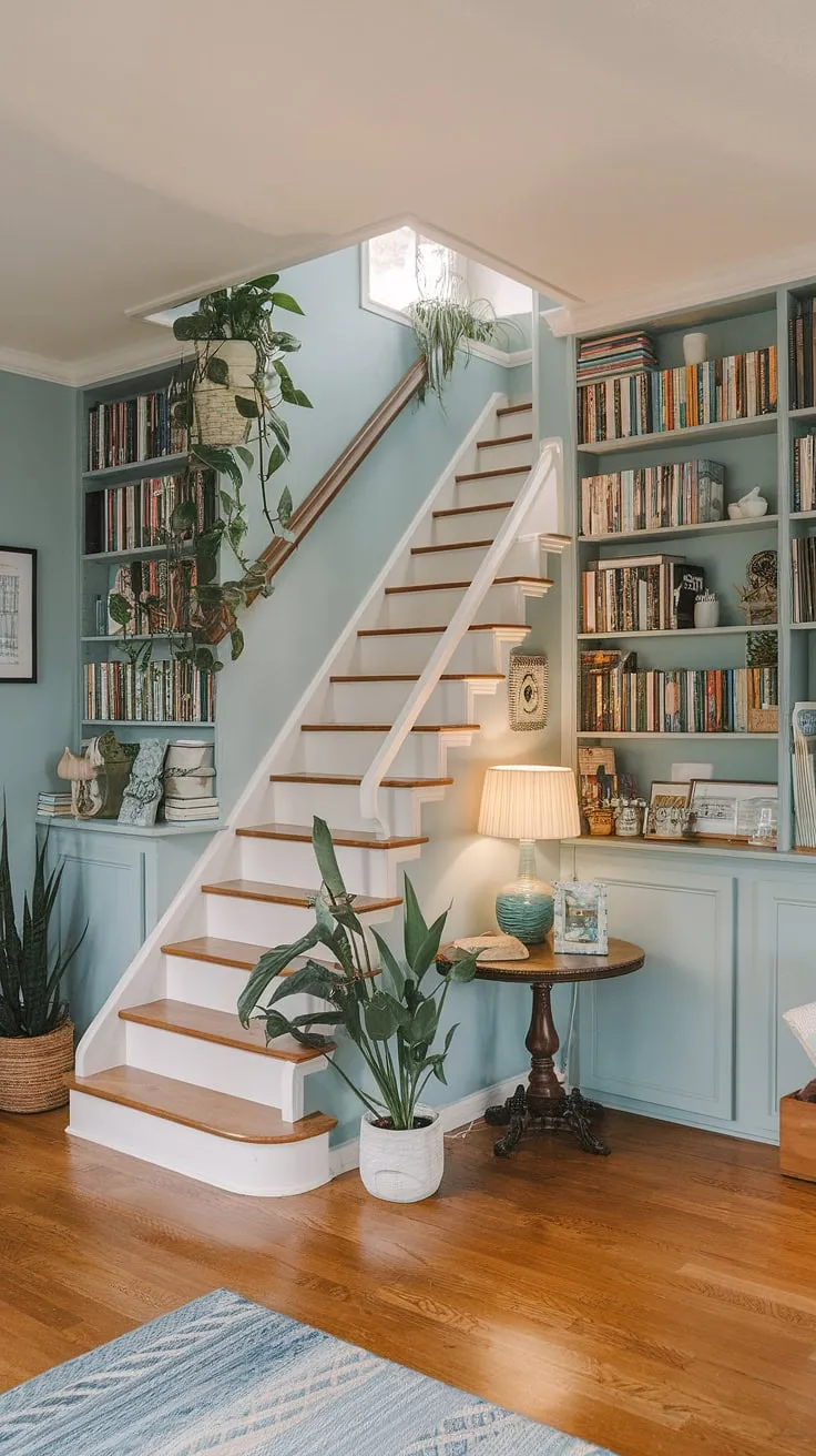This cute room is pure dream home design.  A staircase library winds its way to a loft, creating a whimsical and functional space. The light blue walls, wooden floors, and abundant greenery contribute to the dream room inspiration and overall aesthetic room feel.  It's the perfect blend of pretty places and dream house decor.