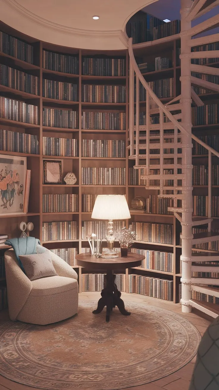 A spiral staircase leading to literary bliss: this dream home design is the epitome of a cute room, a staircase library overflowing with books and warm light.  Find your dream room inspiration in this haven of pretty places and perfect aesthetic room vibes.
