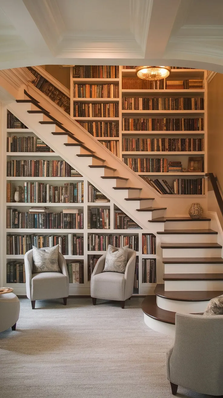 This aesthetic room is the epitome of dream home design.  A charming staircase library, overflowing with books, creates a unique and pretty places feel.  The soft grey rug and comfortable chairs complete this cute room, making it the perfect dream room inspiration for your own dream house decor.