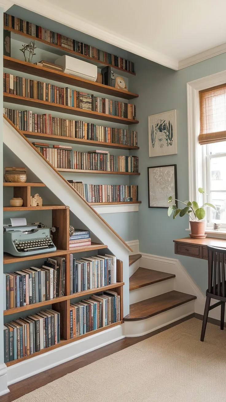 This aesthetic room is pure dream home design. A charming staircase library, filled with books and a vintage typewriter, creates the cutest room ever.  The soft blue walls and cozy rug complete this dream room inspiration, a pretty place perfect for escaping into a good book.
