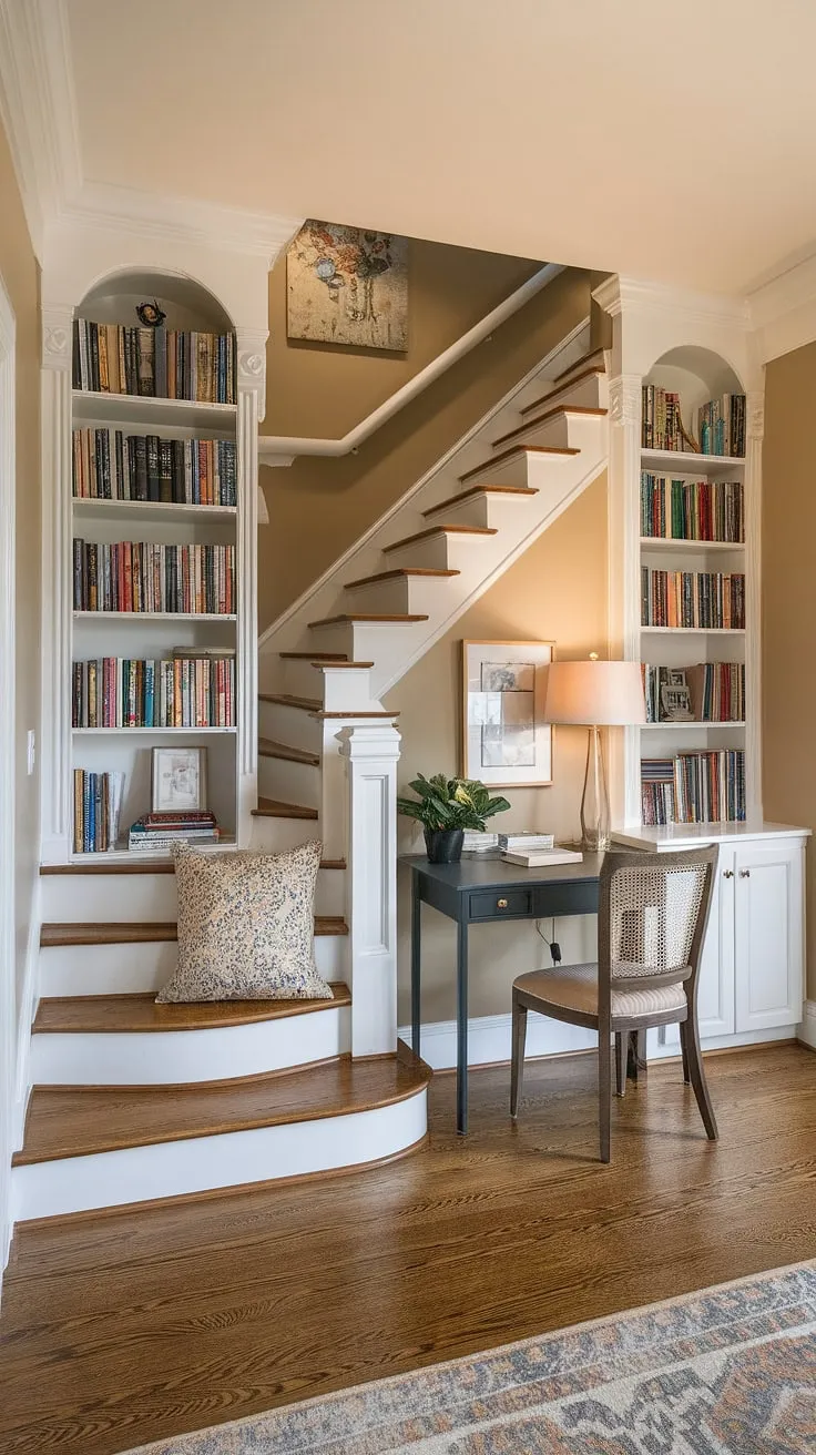 This cute room is pure dream home design.  A staircase library, brimming with books and bathed in warm light, makes this aesthetic room the ultimate dream room inspiration.  The pretty places within this space are perfect for quiet contemplation and inspiring creativity.