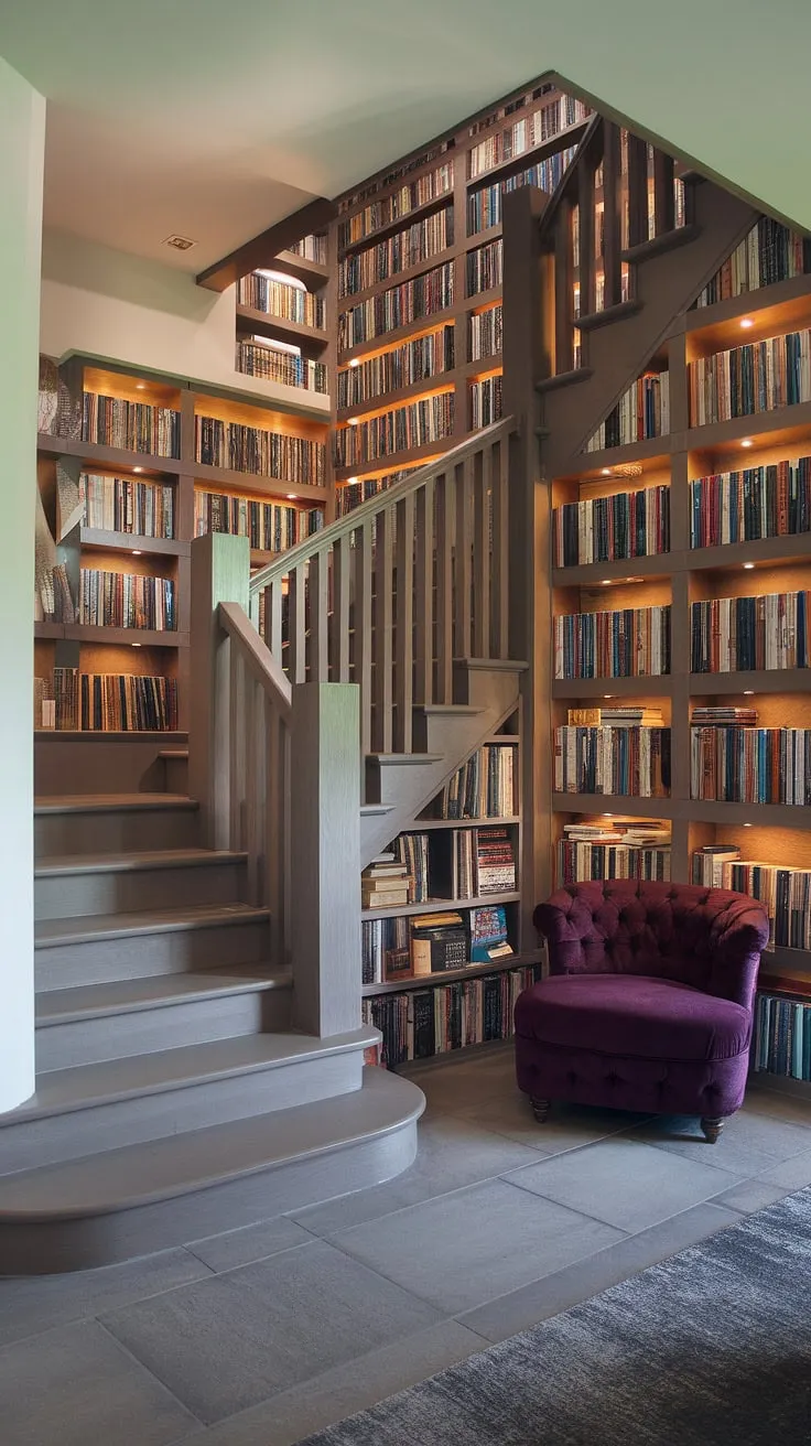 This aesthetic room is the epitome of dream home design.  A double staircase library, crafted with warm wood and filled with countless stories, makes this cute room a true dream room inspiration.  The gray tile floor and plush purple chair add the perfect touch to this pretty places paradise.