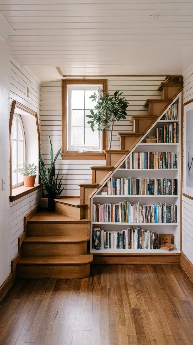 This cute room's staircase library is pure dream room inspiration.  Imagine curling up with a good book in this dream house decor, surrounded by pretty places and the warm glow of natural light.  The aesthetic room design is simply breathtaking, a perfect example of dream home design.