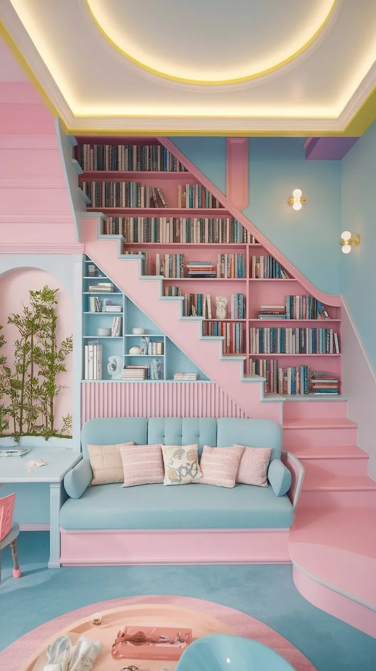 Escape to this dream room inspiration, a haven of pastel hues and charming details.  The built-in staircase library adds a touch of whimsical elegance to this cute room, making it the perfect addition to any dream house decor.  This aesthetic room is a vision of pretty places and a key element in achieving your dream home design.