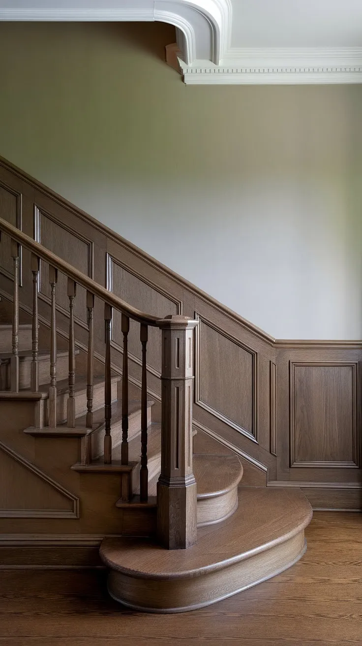 Ascending to elegance: This classic staircase design features exquisite wainscoting, seamlessly integrated stair paneling, and rich wall molding, creating a sophisticated atmosphere. The dark wood tones of the staircase wall and floor enhance the overall luxurious feel.