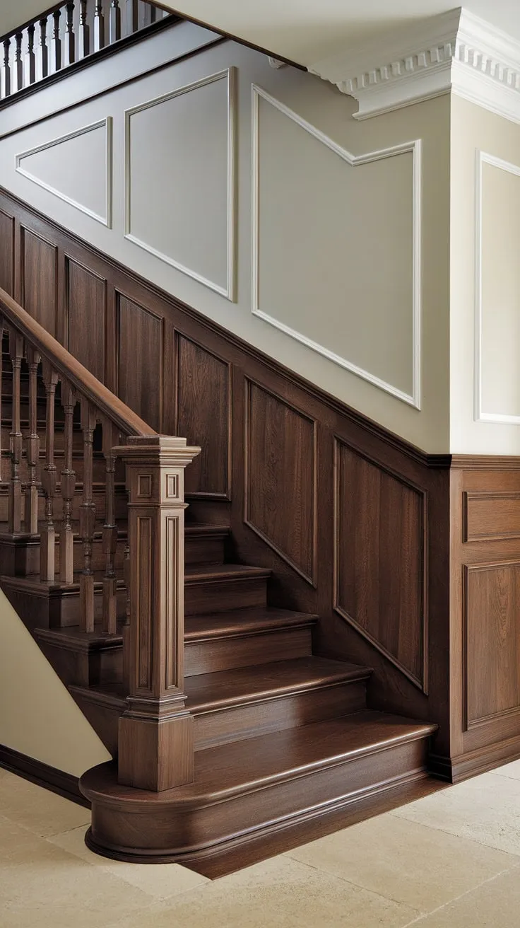 A symphony of wood and light:  The intricate staircase wainscoting and stair paneling, reaching from floor to ceiling, transform this staircase wall into a breathtaking focal point.  Delicate wall molding adds a touch of refined detail to this sophisticated staircase design.