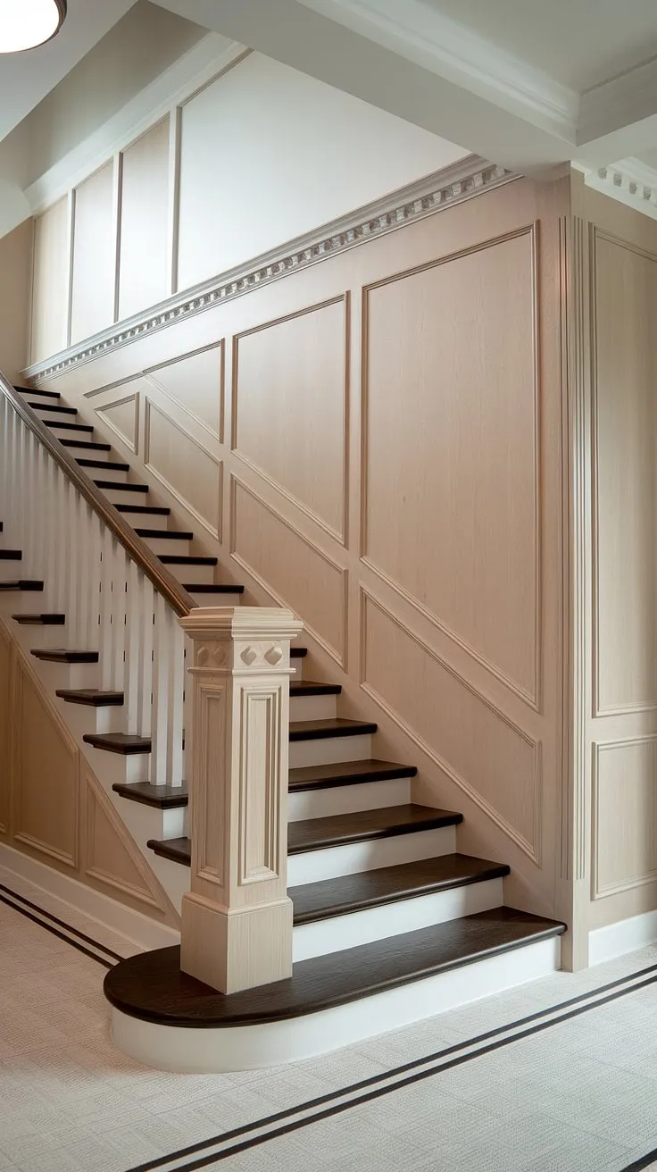 The elegant staircase wainscoting and stair paneling create a stunning focal point, showcasing exquisite staircase design.  The light wood wall molding perfectly complements the dark wood steps, a testament to thoughtful detail in every element of this staircase wall.