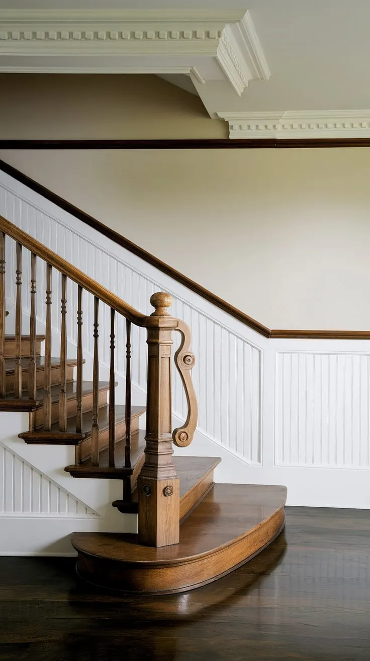 The elegant curve of the staircase, enhanced by the rich wood of the railing and the crisp white wainscoting of the staircase wall, creates a stunning focal point.  The detailed stair paneling and wall molding complete this exquisite staircase design.