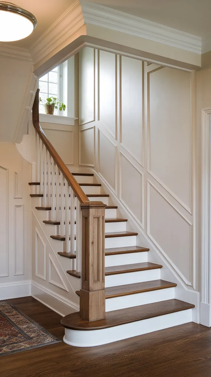 This stunning staircase, showcasing exquisite wainscoting and detailed wall molding, transforms a simple staircase wall into a breathtaking focal point. The careful selection of materials and the thoughtful staircase design create a space that is both sophisticated and inviting.