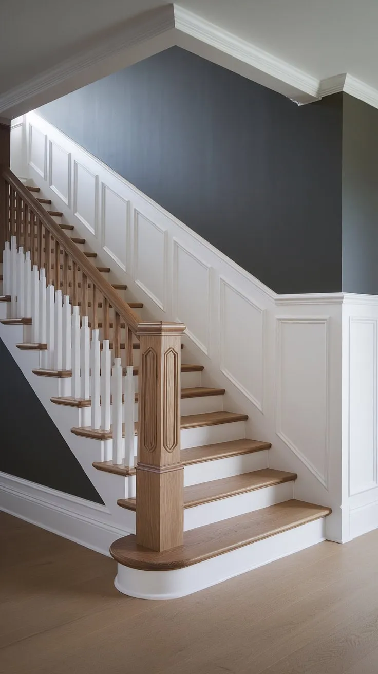 The elegant lines of the white wainscoting create a timeless appeal in this hallway, offering endless wainscoting ideas for your own home.  Imagine this wainscoting style in your bedroom, dining room, or even as a DIY wainscoting project. The possibilities are as endless as the wainscoting styles themselves.