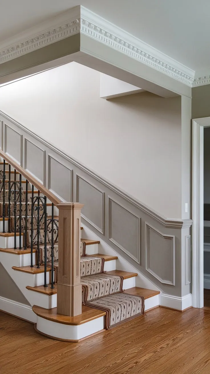 The gleam of the hardwood floor reflects the soft light, highlighting the elegant white wainscoting that defines this hallway.  From wainscoting bedroom designs to dining room wainscoting ideas, this space showcases the versatility of wainscoting styles.  Consider DIY wainscoting for a touch of classic charm in your own home.