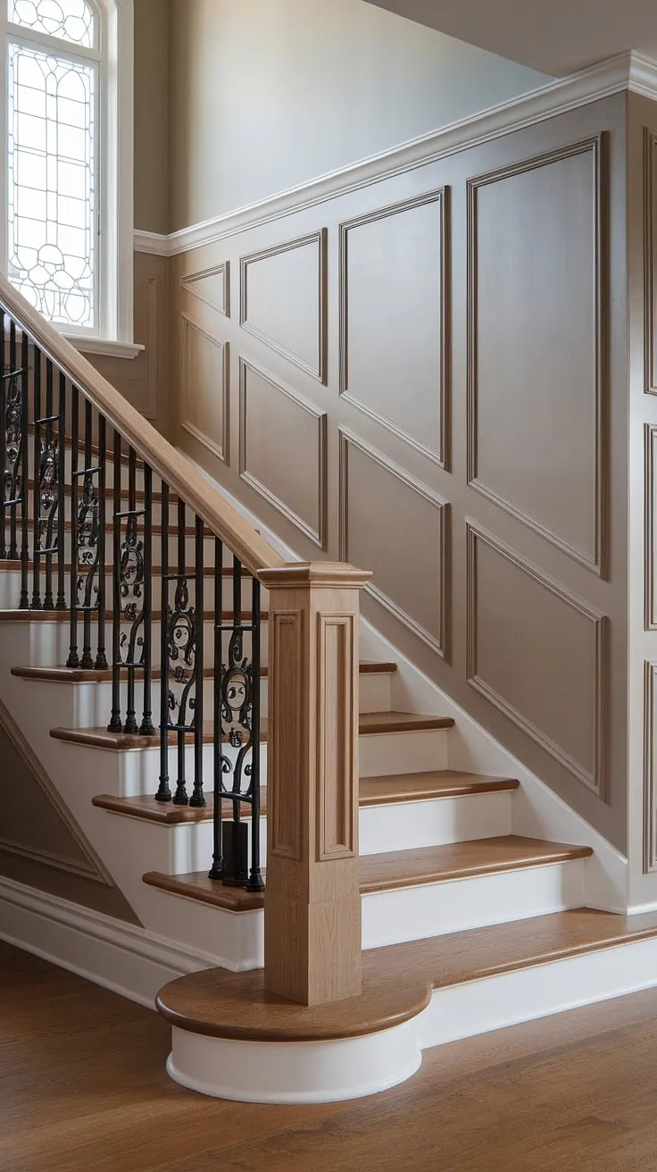 Elegant wainscoting climbs the staircase, its light panels a beautiful contrast to the darker upper walls.  The intricate stair paneling and wall molding, combined with the decorative iron balustrade and wooden railing, create a stunning staircase design.  A glimpse of a patterned window completes the scene.