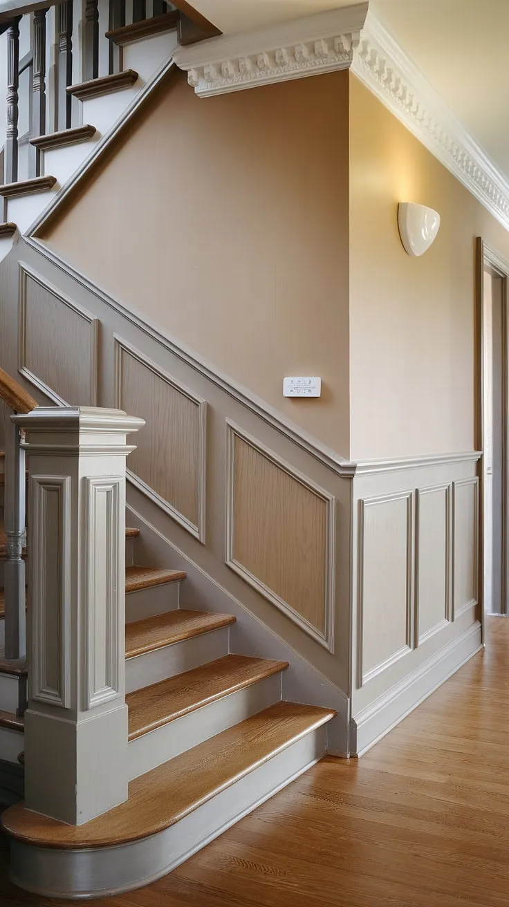 The elegant wainscoting and intricate wall molding frame this stunning staircase, a testament to classic staircase design.  The rich stair paneling continues the sophisticated feel, creating a captivating entrance.