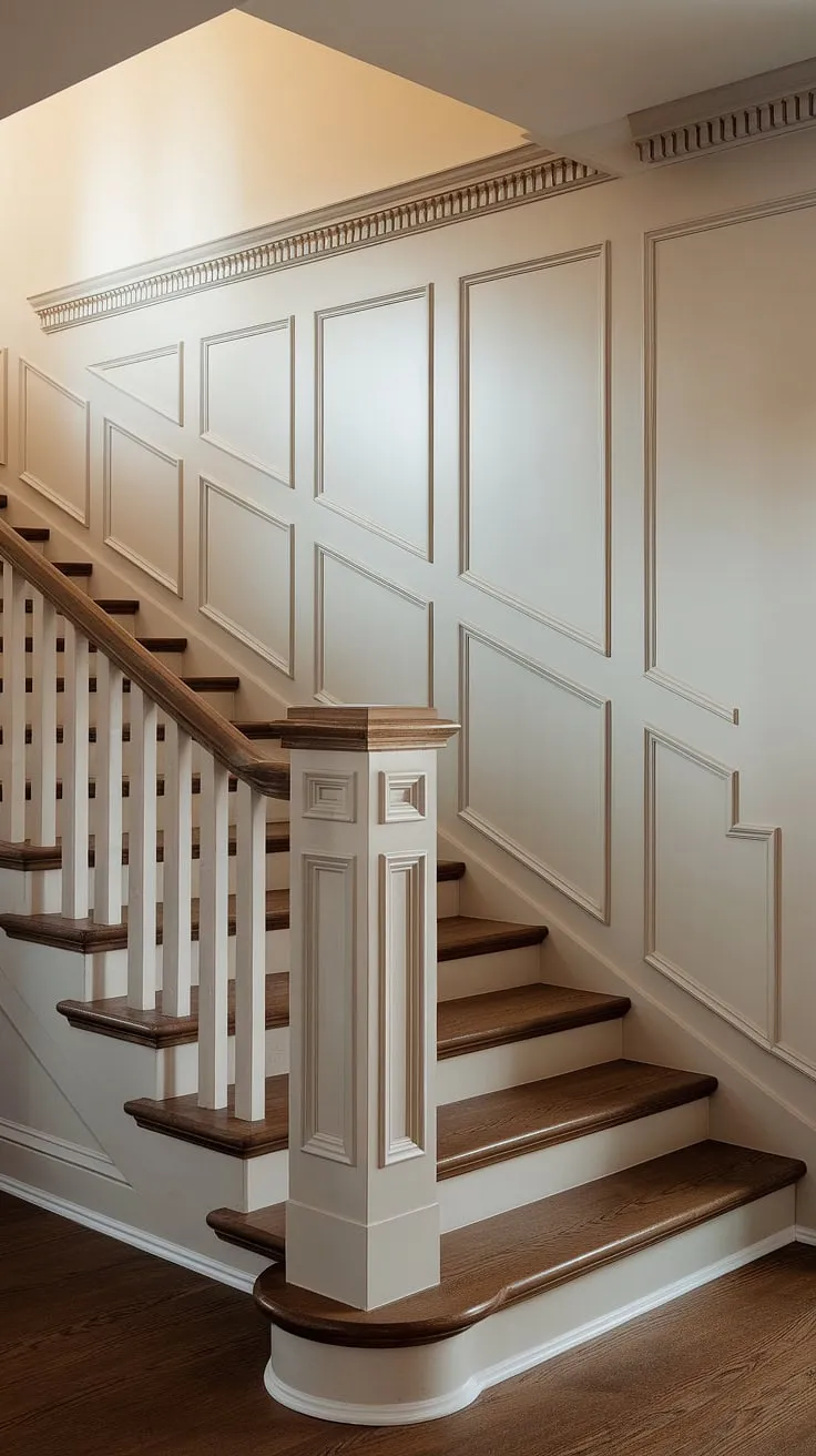 The elegant staircase design, complete with rich dark wood flooring and crisp white wainscoting, creates a timeless appeal.  The detailed stair paneling and wall molding add architectural interest to the staircase wall, showcasing the beauty of traditional craftsmanship.
