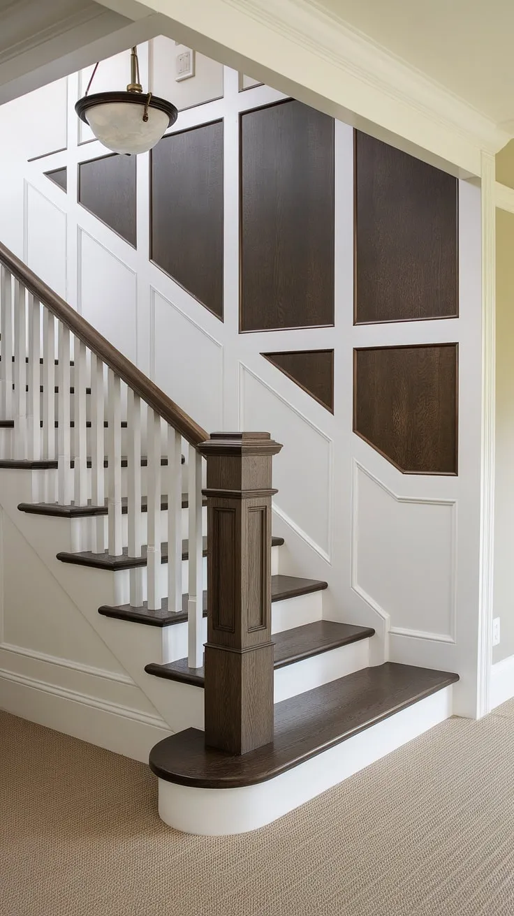 This staircase design is a masterclass in detail.  The exquisite wainscoting, both on the staircase wall and surrounding it, is beautifully accented by the dark wood stair paneling and wall molding.  The result is a breathtaking blend of textures and tones that elevates the entire space.