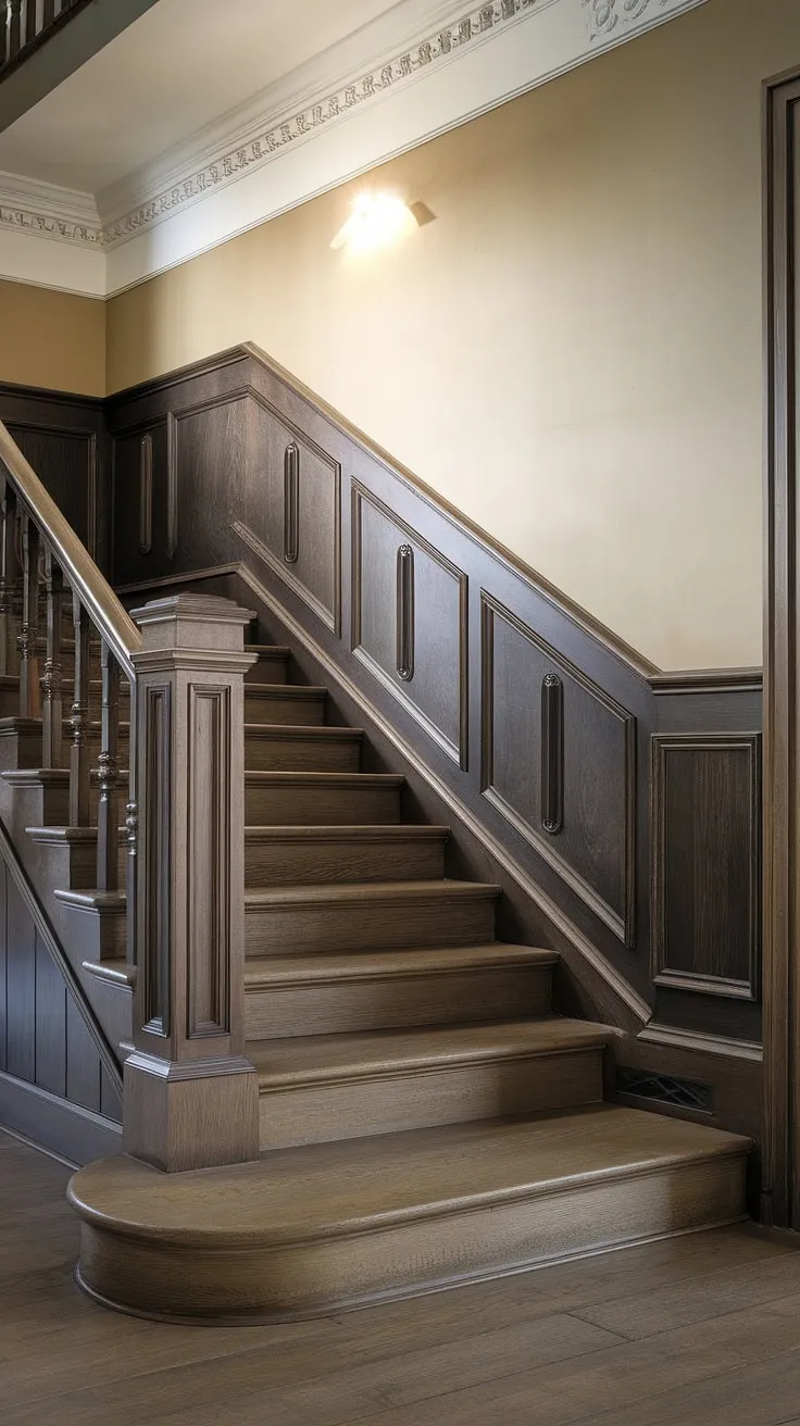 The elegant interplay of light and shadow highlights the exquisite staircase wainscoting and stair paneling, a testament to meticulous staircase design.  The rich, dark wood of the staircase wall, accented by subtle wall molding, creates a timeless and sophisticated atmosphere.