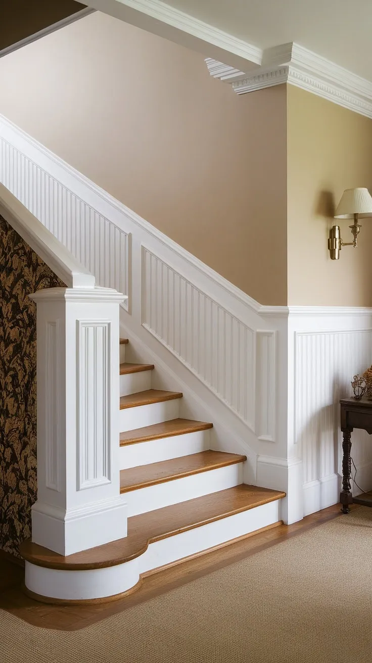 This wainscoting hallway, with its crisp white wainscoting extending to the halfway point and contrasting beautifully with the deep blue wall, offers endless wainscoting ideas.  Imagine this elegant style in a wainscoting bedroom or even a dining room wainscoting installation.  The possibilities for wainscoting styles are truly vast, and with DIY wainscoting, you can recreate this look in your own home.