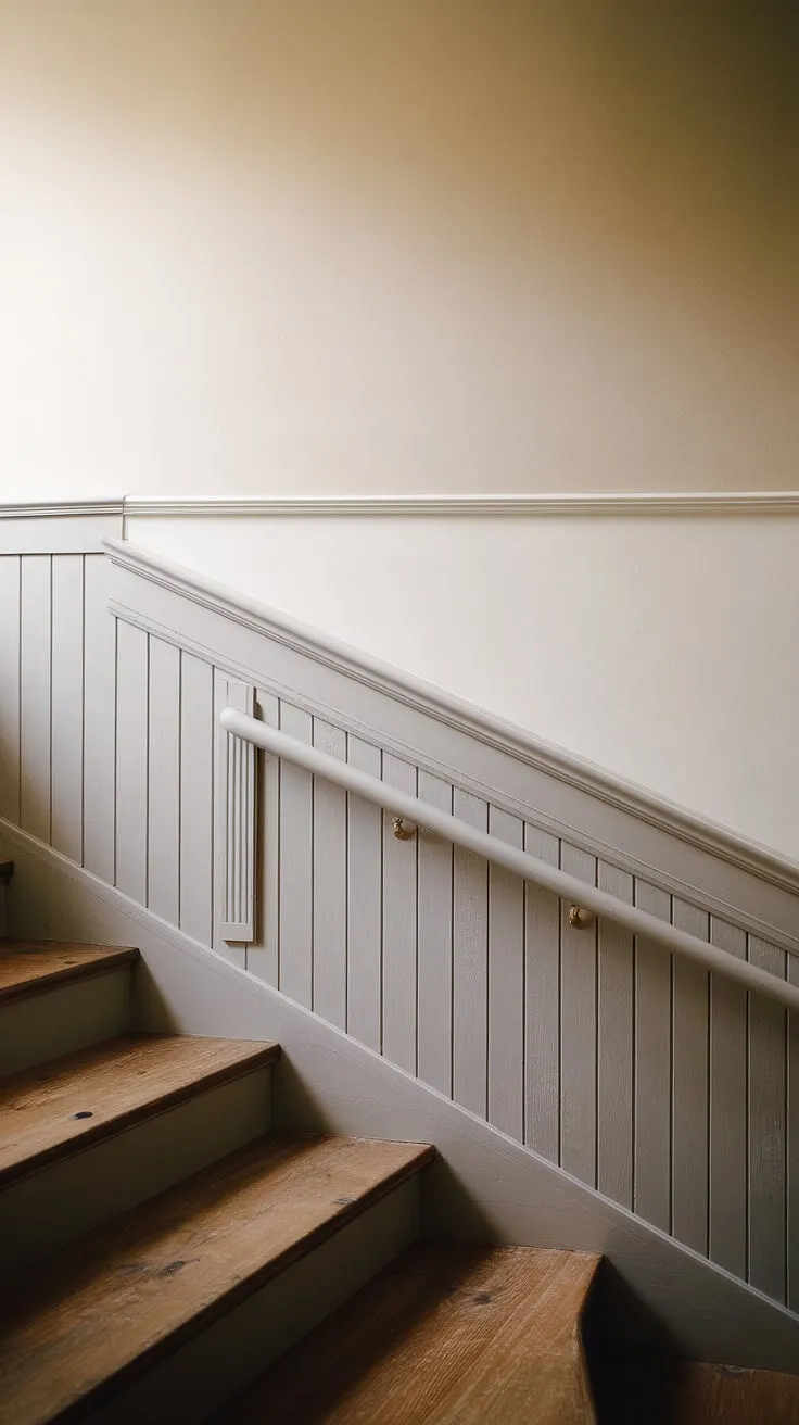 The elegant wainscoting and stair paneling create a timeless appeal in this staircase design.  The rich wood of the lower staircase wall contrasts beautifully with the crisp white above, showcasing the artistry of the wall molding and creating a sophisticated ambiance.