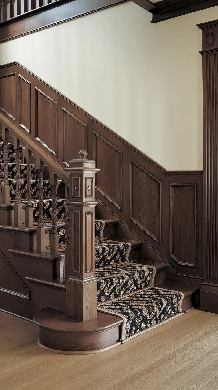 A symphony of wood and light: The graceful curve of this staircase, enhanced by the sophisticated wainscoting and stair paneling, is a testament to classic staircase design. The rich dark wood of the staircase wall beautifully complements the lighter flooring, creating a visually stunning and welcoming entrance. The elegant wall molding adds the perfect finishing touch.