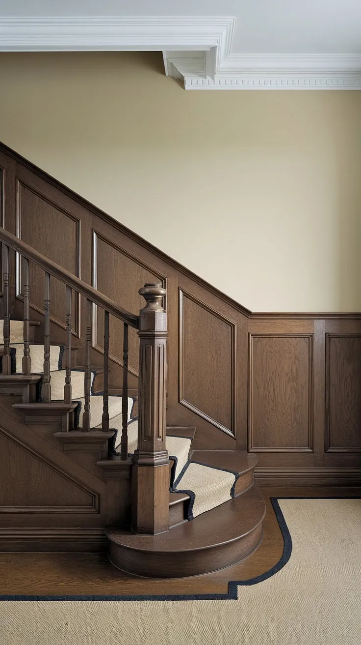 The rich, dark brown stair paneling and wainscoting create a dramatic backdrop for this elegant staircase design.  The detailed wall molding and beige upper wall add a touch of sophistication, completing this stunning staircase wall.