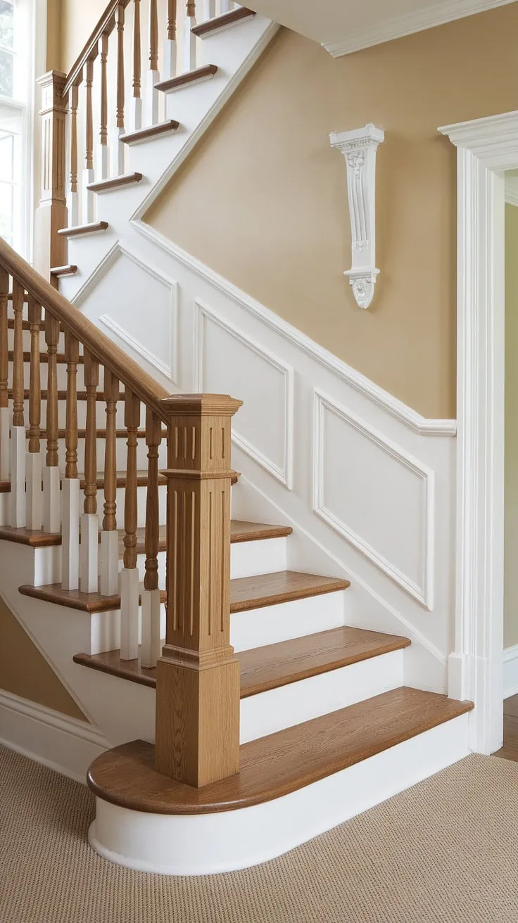 The elegant staircase wainscoting and stair paneling create a timeless appeal, perfectly complemented by the subtle wall molding and beige staircase wall.  This staircase design is a masterclass in classic style.