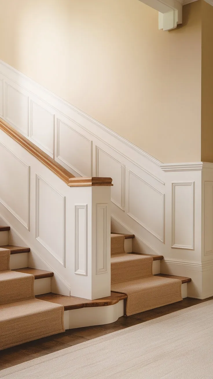 The elegant wainscoting and stair paneling create a timeless appeal in this staircase design.  The interplay of textures and the soft beige upper wall paint perfectly complements the white wainscoting, showcasing a sophisticated staircase wall treatment.