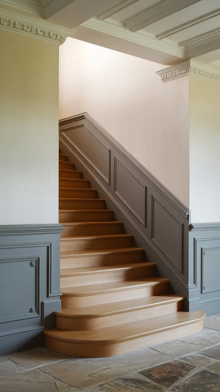 This staircase design is a masterpiece of detail.  The wainscoting, extending gracefully up the staircase wall, is complemented by the exquisite wall molding above.  The interplay of light and dark, wood and stone, makes this a truly captivating example of stair paneling and overall architectural design.