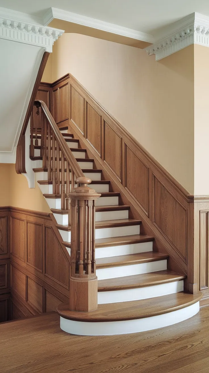 The elegant curve of this stairway wainscoting, complemented by the rich stair paneling and intricate wall molding, creates a timeless staircase design.  The careful attention to detail, from the hardwood floor to the staircase wall, is truly breathtaking.