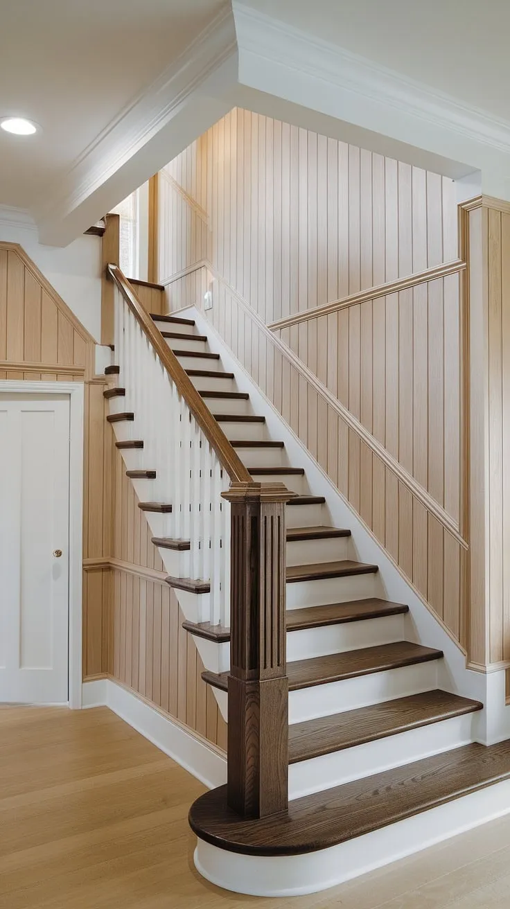 The elegant stairway wainscoting and stair paneling create a stunning visual flow, drawing the eye upward.  The rich dark wood of the staircase contrasts beautifully with the light wood wall molding and the white ceiling, showcasing a sophisticated staircase design.