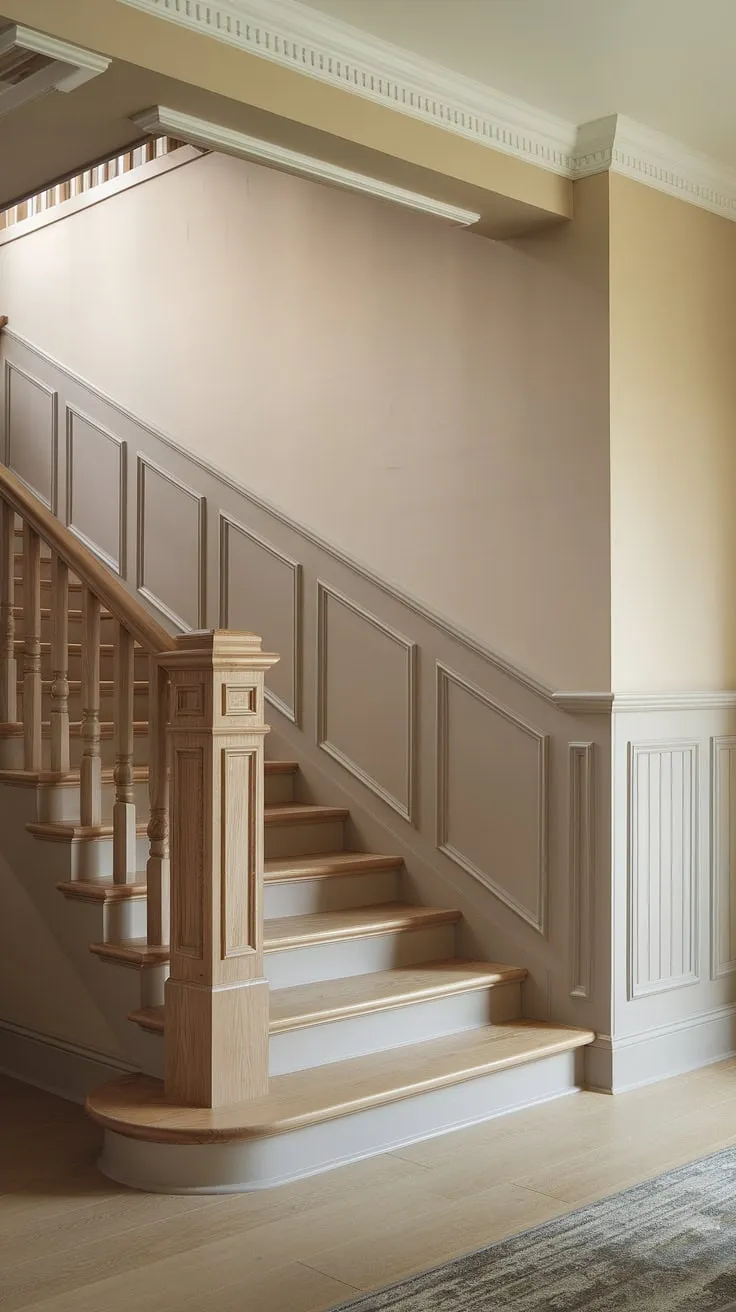 Elegant stairway wainscoting and intricate stair paneling create a timeless appeal in this stunning staircase design. The rich wood tones complement the subtle beige walls and delicate wall molding, showcasing a sophisticated blend of textures and architectural details.
