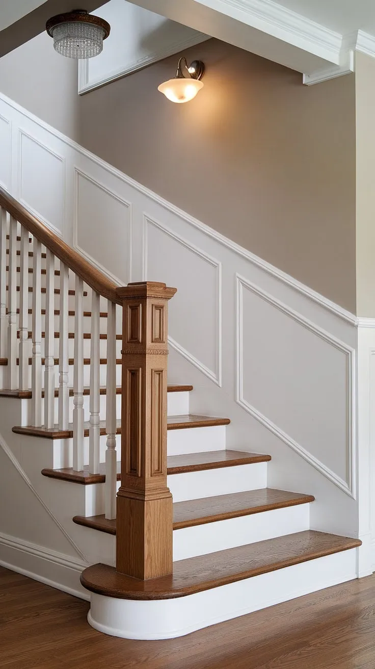 The elegant stairway wainscoting and intricate wall molding create a timeless appeal in this stunning staircase design.  The stair paneling perfectly complements the hardwood floors, showcasing a sophisticated blend of texture and style.