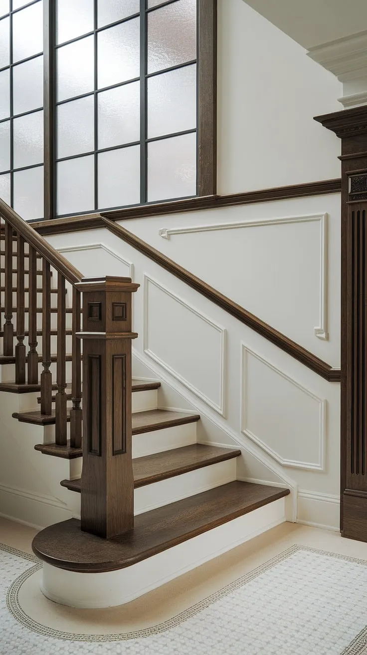 The elegant stairway wainscoting and rich stair paneling create a dramatic focal point, perfectly complemented by the sophisticated staircase wall design.  Note the exquisite wall molding and the interplay of light and shadow throughout this stunning staircase design.