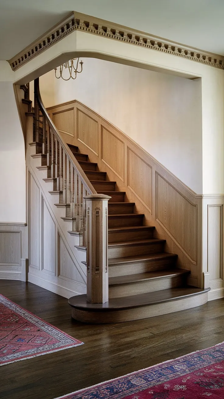 The elegant curve of this stairway wainscoting, complemented by the rich dark wood and light stair paneling, creates a breathtaking focal point.  The intricate wall molding and subtle wainscoting details elevate the staircase design to a work of art.