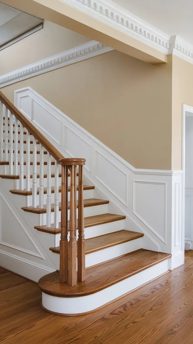 This stunning staircase design features beautiful wainscoting and intricate wall molding, transforming a simple stairway into a breathtaking focal point. The warm beige staircase wall perfectly complements the rich oak and dark hardwood floors.